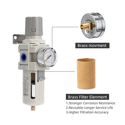 Industrial Air Compressor Filter Regulator Combo 3/8" NPT 0-150 PSI w/Semi-Auto Drain,5 Micron Water Separator for Pneumatic Tools