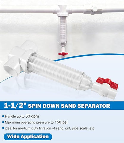 1-1/2" Spin Down Sand Separator for 50 Gpm Sediment Water Filter System, PVC Slip Fit Connections, 100 Mesh