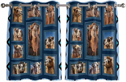 2 Panel Kitchen Cafe Curtains, Desert Camels Sunlight Filtering Nature Air Through, Home Decor Window Covering Tier Curtains for Living Room 104W x 52L inch Wildlife Brown Animals Blue Geometric