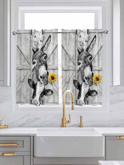 Grey Farmhouse Kitchen Curtains 54 Inches Length, Vintage Sunflowers Animals Printed Window Treatment Curtain Drapes, Thermal Insulated Drapes for Basement Hotel RV, 42"x54", 2 Panels