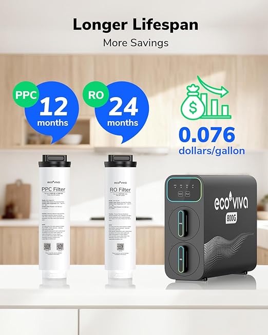 Ecoviva E8 800 GPD Reverse Osmosis Water Filter, 9-Stage Filtration RO System, Undersink Water Purifier, Reduces TDS, 2.5:1 Pure to Drain, Tankless, LED Smart Faucet