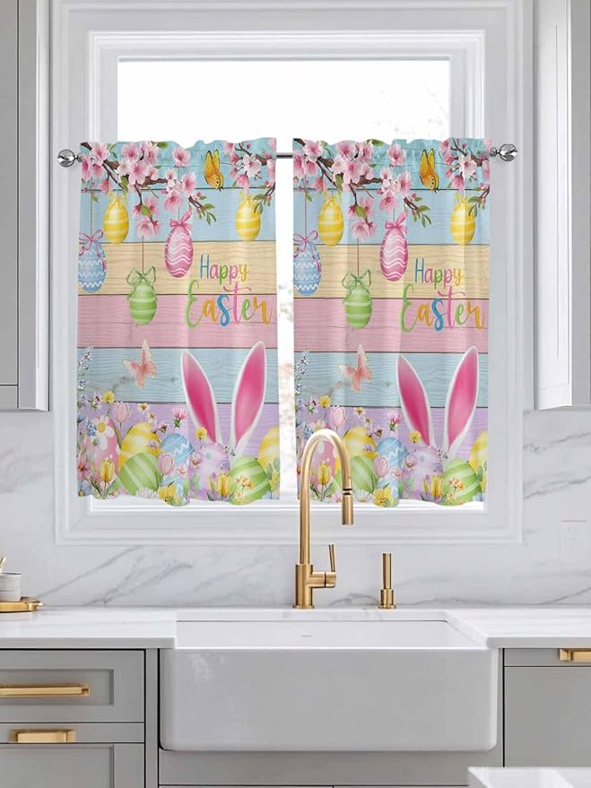 Colorful Easter Kitchen Curtains 45 Inches length, Spring Watercolor Bunny Egg Flower Wood Grain Window Treatment Curtain Drapes, Lightweight Window Panels for Living Room Bedroom, 52"x45", 2 Panels