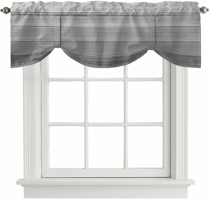 Grey Ombre Wooden Tie Up Valance Curtains for Windows, Kitchen Curtains Window Shades, Farmhouse Retro Gray Wood Gradient Light Filtering Roman Curtain Valances for Bedroom/Bathroom/Cafe 42"x18"