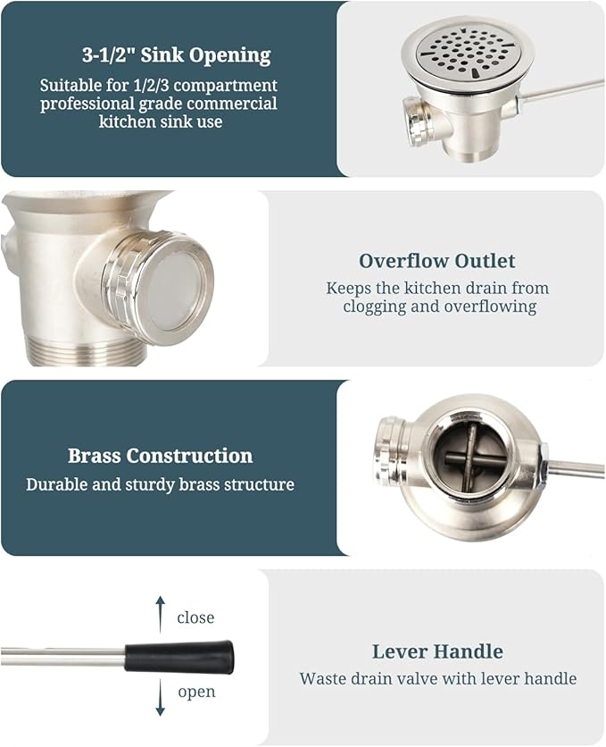3-1/2 Inch Commercial Sink Drain with Twist Handle Kitchen Sink Opening Waste Drain Valve Stopper Prevents Sink Clogged Overflow for 1/2/3 Compartment Sink Style Drains