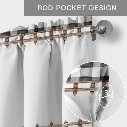 Spring Flowers Curtain Valances for Windows, Kitchen Valance Window Treatment, Watercolor Floral Leaf Black Plaid Light Filtering Block Curtains for Bathroom/Bedroom/Living Room 42'' x 18''