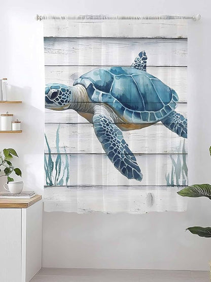 Sheer Curtains 63 Inch Length, Sea Turtle Blue Semi Sheer Curtains Light Filtering Window Treatment, Coastal Ocean Seaweed Wood Grain Privacy Voile Drapes for Living Room Bedroom 52x63 Inch