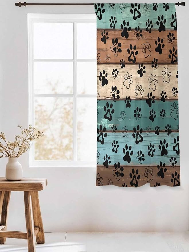 Sheer Curtains 63 Inch Length, Green Brown Paw Print Semi Sheer Curtains Light Filtering Window Treatment, Vintage Farmhouse Country Wooden Grain Privacy Voile Drapes for Living Room 52x63 Inch