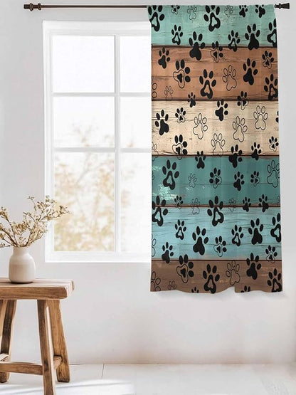 Sheer Curtains 63 Inch Length, Green Brown Paw Print Semi Sheer Curtains Light Filtering Window Treatment, Vintage Farmhouse Country Wooden Grain Privacy Voile Drapes for Living Room 52x63 Inch