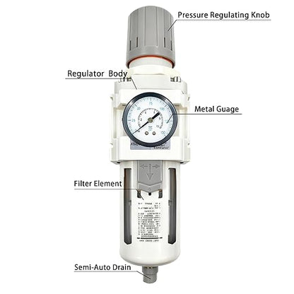 XingNEeng 3/4" NPT Compressed Air Filter Regulator Combo Piggyback, Water/Oil Trap Separator with Pressure Gauge(0-150 psi), Semi-Auto Drain, Poly Bowl, 5 Micron Brass Element, Metal Bracket