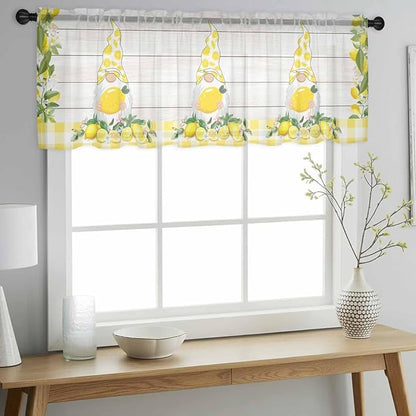 Lemon Dwarfs Sheer Valance Curtains, Gnome Green Leaf Wood Striped Yellow Plaid Light Filtering Kitchen Valances Rod Pocket Voile Curtain Window Treatment for Bedroom/Living Room/Basement 42Wx12L