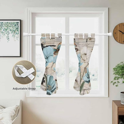 Teal Blue Tulips Bedroom Curtains 63 Inch Length, Window Curtains Tab Top, Spring Floral Barn Doors Vintage Wood Beige Light Filtering Window Treatments Drapes 42"x63" 2 Panel