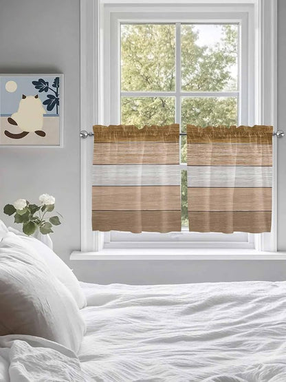 Retro Farm Wood Board Window Valance Curtains, Brown Graduality Striped Light Filtering Kitchen Valance with 3-inch Rod Pocket for Living Room Bathroom Bedroom,2 Panel,27.5x24In