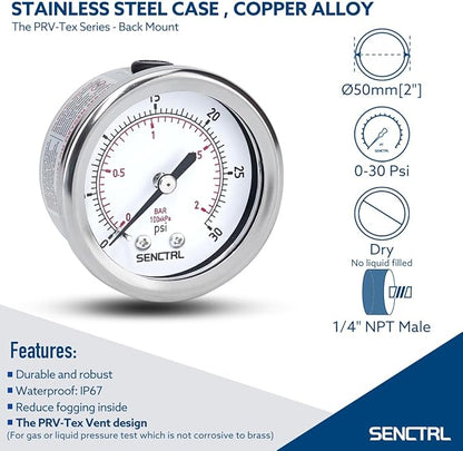 SENCTRL 0-30 Psi Low Pressure Gauge, 2" Dial Size, 1/4 NPT Back Mount, Waterproof, Stainless Steel Case, for Water Oil Air Pressure Test