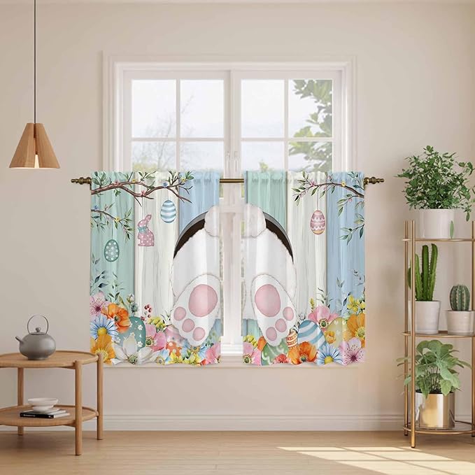 Easter Kitchen Curtains 54 Inch Long 2 Panel Set,Rod Pocket Window Curtains Panels,Spring Watercolor Bunny Eggs Wood Grain Teal Blue Light Filtering Drapery Draperies for Bathroom Bedroom 52"W x 54"L