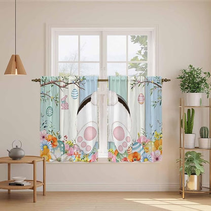 Easter Kitchen Tier Curtains 45 Inch Long 2 Panel Set,Rod Pocket Short Window Treatment,Spring Watercolor Bunny Eggs Wood Grain Teal Blue Light Filtering Curtains & Drapes for Bathroom 27.5"W x 45"L