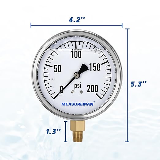 MEASUREMAN Glycerin Filled Plumbing Pressure Gauge 0-200psi Stainless Steel Case, 4" Dial 1/4" NPT Brass Lower Mount, Suitable for Pneumatic Tools, Water Filtration & Industrial Hydraulic Systems