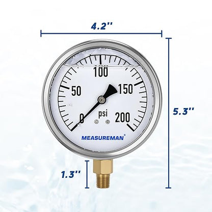 MEASUREMAN Glycerin Filled Plumbing Pressure Gauge 0-200psi Stainless Steel Case, 4" Dial 1/4" NPT Brass Lower Mount, Suitable for Pneumatic Tools, Water Filtration & Industrial Hydraulic Systems