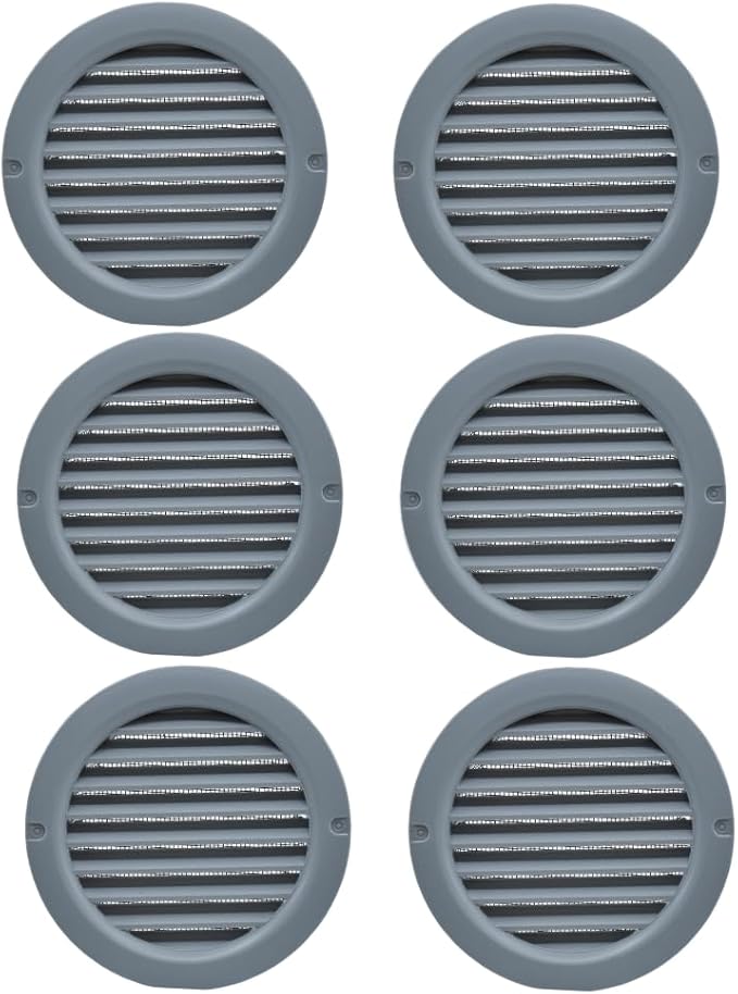 VENTS-US - 4" Round Plastic Vent Cover in Slate Grey with Built-in Insect Screen and Flange for Air Supply or Exhaust Air Applications - Compatible with a 4 Inch Diameter Duct (6-Pack)