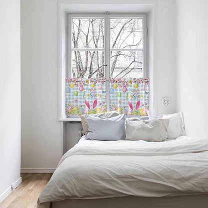 Happy Easter Half Window Curtains 24 Inches Long, Spring Watercolor Bunny Eggs Flower Blue Plaid Window Treatment Curtain Drapes, Short Curtains Tiers for Kitchen Over Sink, 27.5"x24", 2 Panels