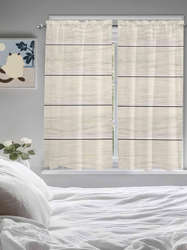 Vintage Country Wooden Board Window Valance Curtains, Gradient Wood Grain Line Light Filtering Kitchen Valance with 3-inch Rod Pocket for Living Room Bathroom Bedroom,2 Panel,42x63In