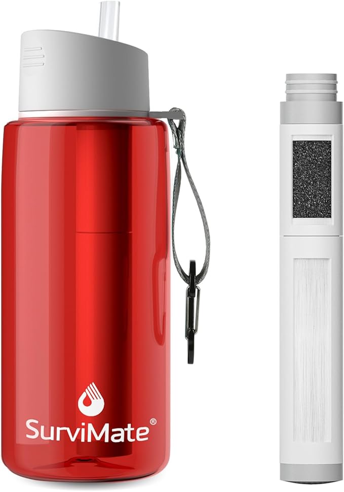 SurviMate 5-Stage 0.01μm Ultra-Filtration Filtered Water Bottle, BPA-Free Material, NSF/ANSI 42&372 Certified, Portable Water Filter Bottle for Survival, Camping, Hiking, and Emergency Use