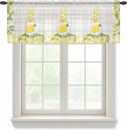 Lemon Dwarfs Sheer Valance Curtains, Gnome Green Leaf Wood Striped Yellow Plaid Light Filtering Kitchen Valances Rod Pocket Voile Curtain Window Treatment for Bedroom/Living Room/Basement 54Wx18L