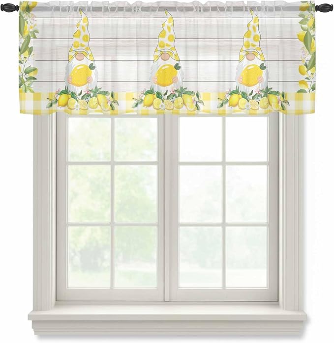 Lemon Dwarfs Sheer Valance Curtains, Gnome Green Leaf Wood Striped Yellow Plaid Light Filtering Kitchen Valances Rod Pocket Voile Curtain Window Treatment for Bedroom/Living Room/Basement 42Wx18L