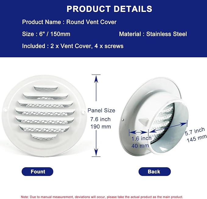 6 Inch White Soffit Vent Covers,LouanXpert Stainless Steel Round Air Vent Covers with Built-in Fine Mesh for Garage, Apartment,Office (150mm - 2PCS)