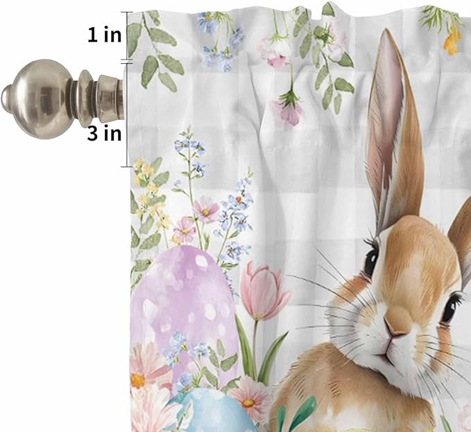 Kitchen Curtains Tiers and Valance Set of 3, Easter Light Filtering Window Curtain Set, Spring Rabbit Eggs Blooms Flowers Leaf Grey Plaid Rod Pocket Curtain Drapes for Living Room, 36 Inches Tiers