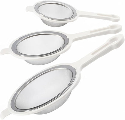 LemonRoad Set of 3 Stainless Steel Mesh Strainer 304 Fine Mesh Filters with Ergonomic Handles and Hanging Ears for Oil Filter Skimming Grease and Foam(White)