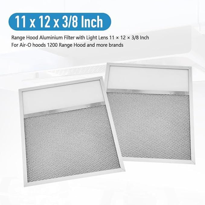 Range Hood Aluminum Grease Filter with Light Lens – 2 Pack, 11 x 12 x 3/8 Inches, Compatible with Air-O Hoods 1200 & Other Brands, Replacement Filters for Kitchen Exhaust Ventilation