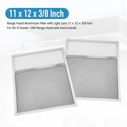 Range Hood Aluminum Grease Filter with Light Lens – 2 Pack, 11 x 12 x 3/8 Inches, Compatible with Air-O Hoods 1200 & Other Brands, Replacement Filters for Kitchen Exhaust Ventilation