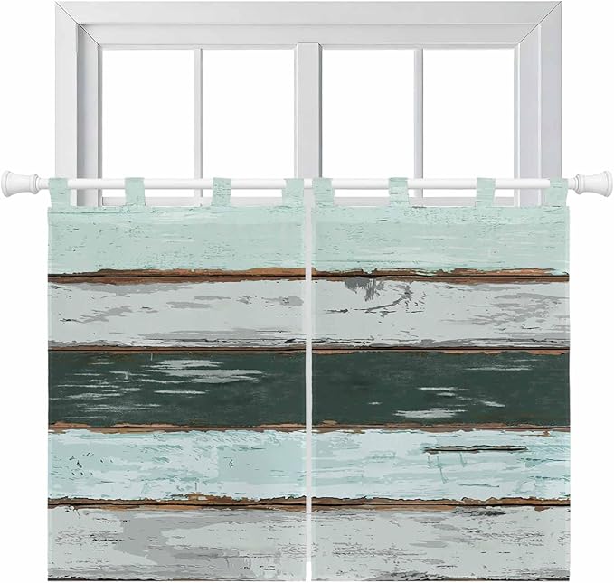 Blue Teal Kitchen Curtains 45 Inch Length, Short Cafe Window Curtains Tab Top, Vintage Wooden Retro Art Farmhouse Barns Light Filtering Window Treatments Tier Drapes 27.5"x45" 2 Panel