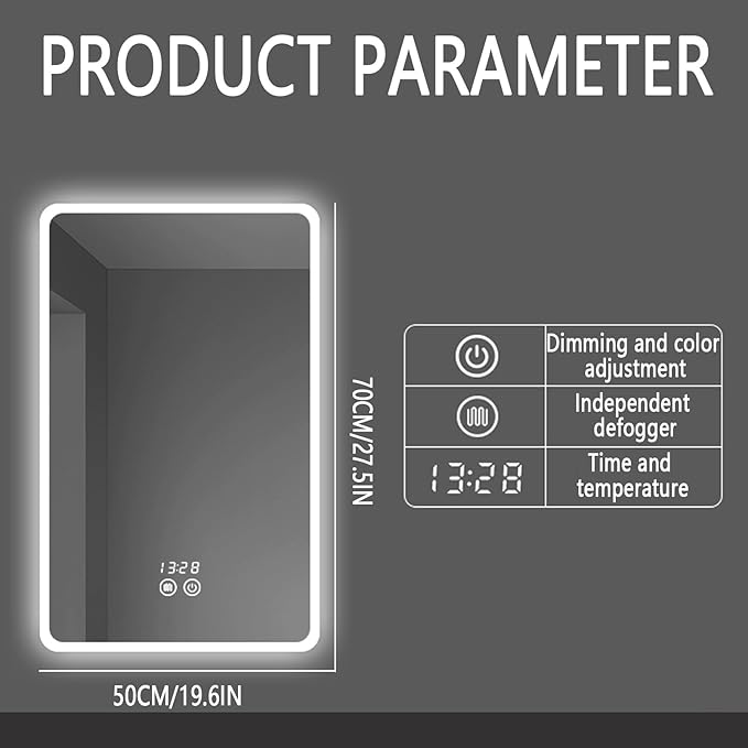 Backlit LED Illuminated Bathroom Mirror with LED Lights, Lighted Bathroom Makeup Wall Mounted Mirror with Demister Pad, Sensor Touch Switch, Horizontal/Vertical(H50*W70CM/H19.6*W27.5IN)