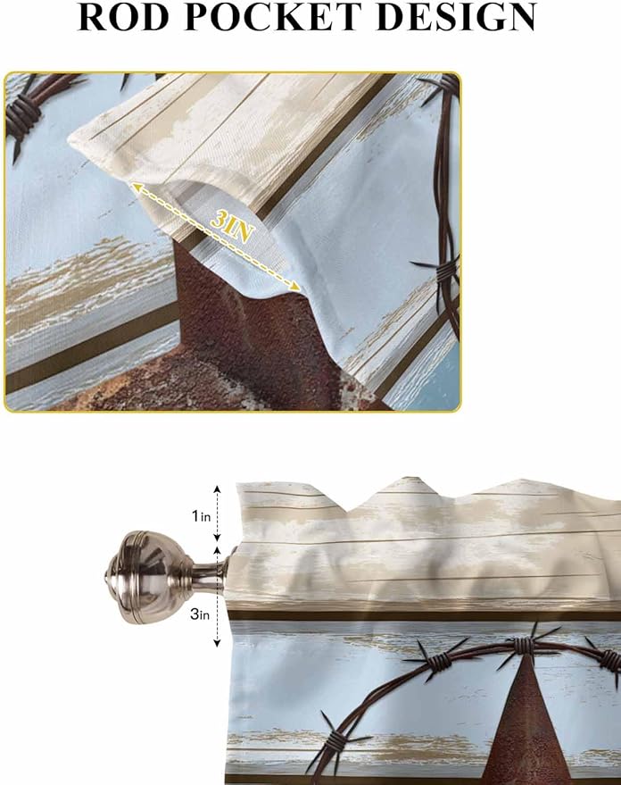 Vintage Western Star on Wood Grain Window Valance Curtains, Retro Wooden Texture Light Filtering Kitchen Valance with 3-inch Rod Pocket for Living Room Bathroom Bedroom,2 Panel,42x54In