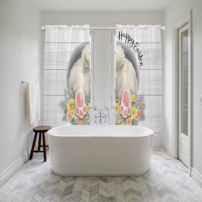 Easter Bunny Window Curtains 72 Inch Long 2 Panel Set,Rod Pocket Long Curtains & Drapes,3D Optical Illusion Farmhouse Flower Wood Grain Light Filtering Window Treatment for Bedroom 52"W x 72"L