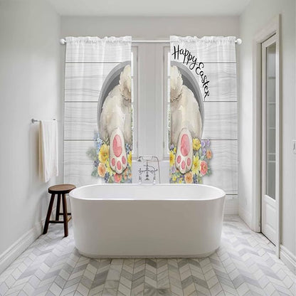 Easter Bunny Window Curtains 72 Inch Long 2 Panel Set,Rod Pocket Long Curtains & Drapes,3D Optical Illusion Farmhouse Flower Wood Grain Light Filtering Window Treatment for Bedroom 52"W x 72"L