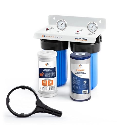 Aquaboon 2-Stage Whole House Water Filter System with 5 Micron 10x4.5 Anti-Scale Reducing Sediment Water Purification and Carbon Chlorine Reduction Filter, Pressure Gauges, Wrench, Bracket