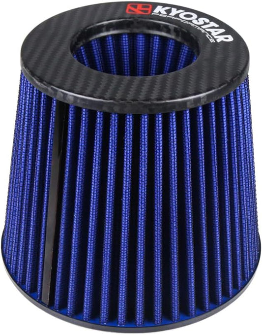 KYOSTAR Carbon Fiber 3" (76mm) High-Flow Air Filter, Reusable Cone Cold Air Intake, High Performance, Washable, Clamp-On High Flow Air Kit, Flange Diameter: 3 Inch, Filter Height: 6.7 Inch, Blue
