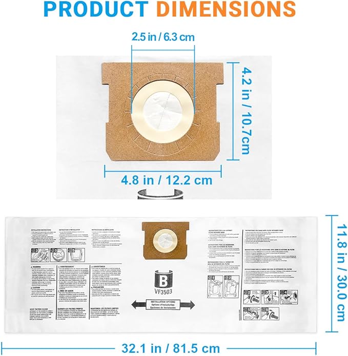 VF3503 Vacuum Bags Compatible with Ridgid 5 to 10 Gallon Wet/Dry Vacs, Size B(10 Pack)