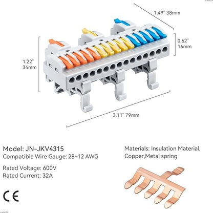 4pcs DIN Rail Terminal Blocks, DIY Splicing Wire Connectors for Circuit Inline 28-12AWG (3 in 15 Out)