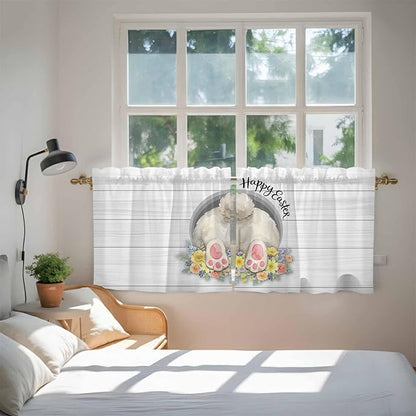 Easter Bunny Kitchen Tier Curtains 36 Inch Long 2 Panel Set,Rod Pocket Half Window Curtains Over Sink,3D Optical Illusion Farmhouse Flower Wood Grain Light Filtering Short Drapes Cafe 27.5"W x 36"L