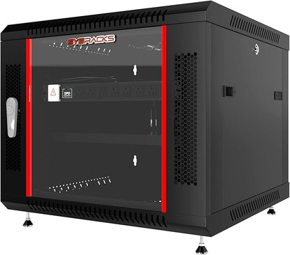 Sysracks 9U Wall Mount Server Rack Cabinet, 19” Locking Network Rack, 24” Deep, Glass Door, with Fan, PDU and Shelf