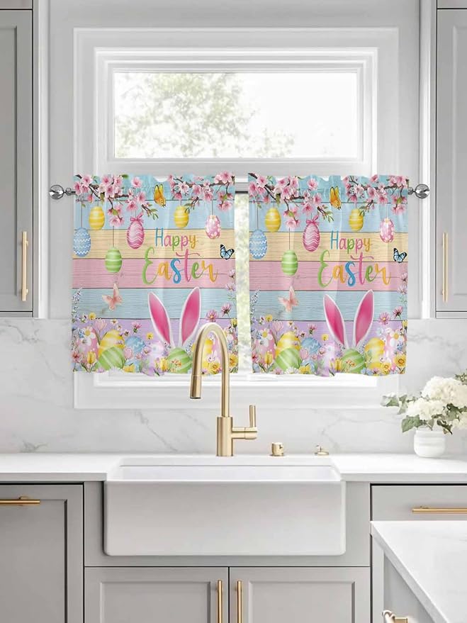 Colorful Easter Half Window Curtains 24 Inches Long, Spring Watercolor Bunny Egg Flower Wood Grain Window Treatment Curtain Drapes, Short Curtains Tiers for Kitchen Over Sink, 27.5"x24", 2 Panels