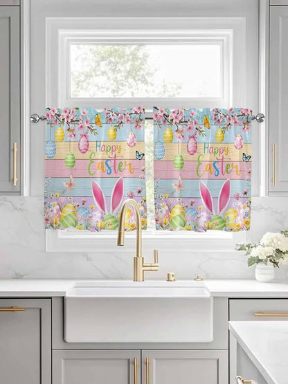 Colorful Easter Half Window Curtain 36 Inches Long, Spring Watercolor Bunny Egg Flower Wood Grain Window Treatment Curtain Drapes, Small Tier Curtains for Bathroom Over Sink, 27.5"x36", 2 Panels