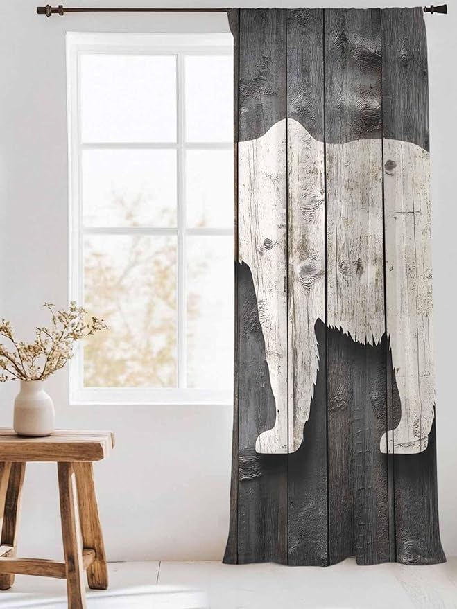 Sheer Curtains 108 Inches Long, Vintage White Brown Bear Semi Sheer Curtains Light Filtering Window Treatment, Retro Country Rustic Wood Grain Privacy Voile Drapes for Living Room Bedroom 52x108 Inch