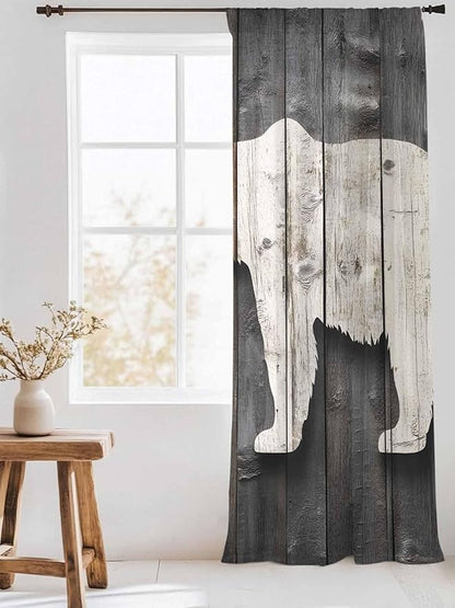 Sheer Curtains 108 Inches Long, Vintage White Brown Bear Semi Sheer Curtains Light Filtering Window Treatment, Retro Country Rustic Wood Grain Privacy Voile Drapes for Living Room Bedroom 52x108 Inch