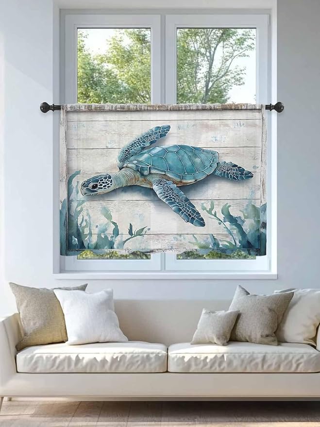 Sheer Curtains 54 Inch Length, Teal Green Sea Turtle Semi Sheer Curtains Light Filtering Window Treatment, Summer Ocean Seaweed Wood Grain Privacy Voile Drapes for Living Room Bedroom 52x54 Inch
