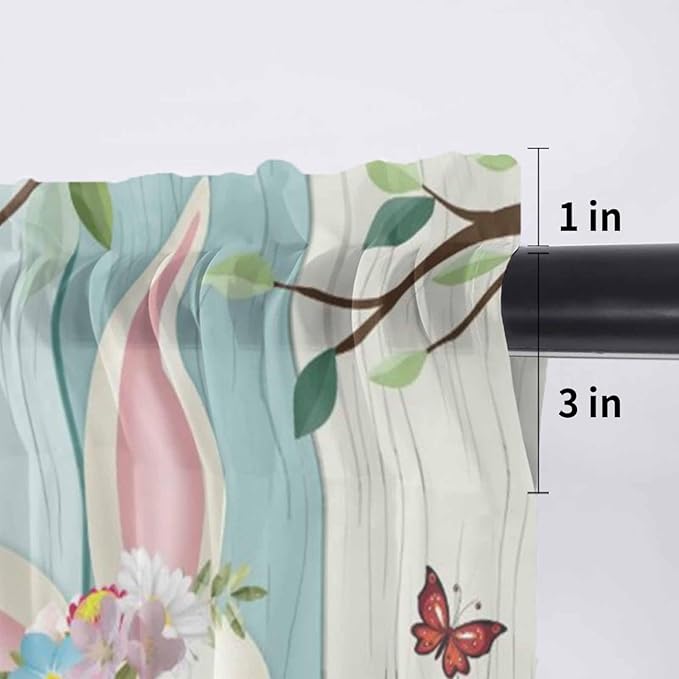 Easter Sheer Valances for Windows 42"x12", Light Filtering Kitchen Curtains Valance, Spring Watercolor Bunny Eggs Tulip Wooden Grain Rod Pocket Chiffon Curtains for Living Room Bedroom Cafe