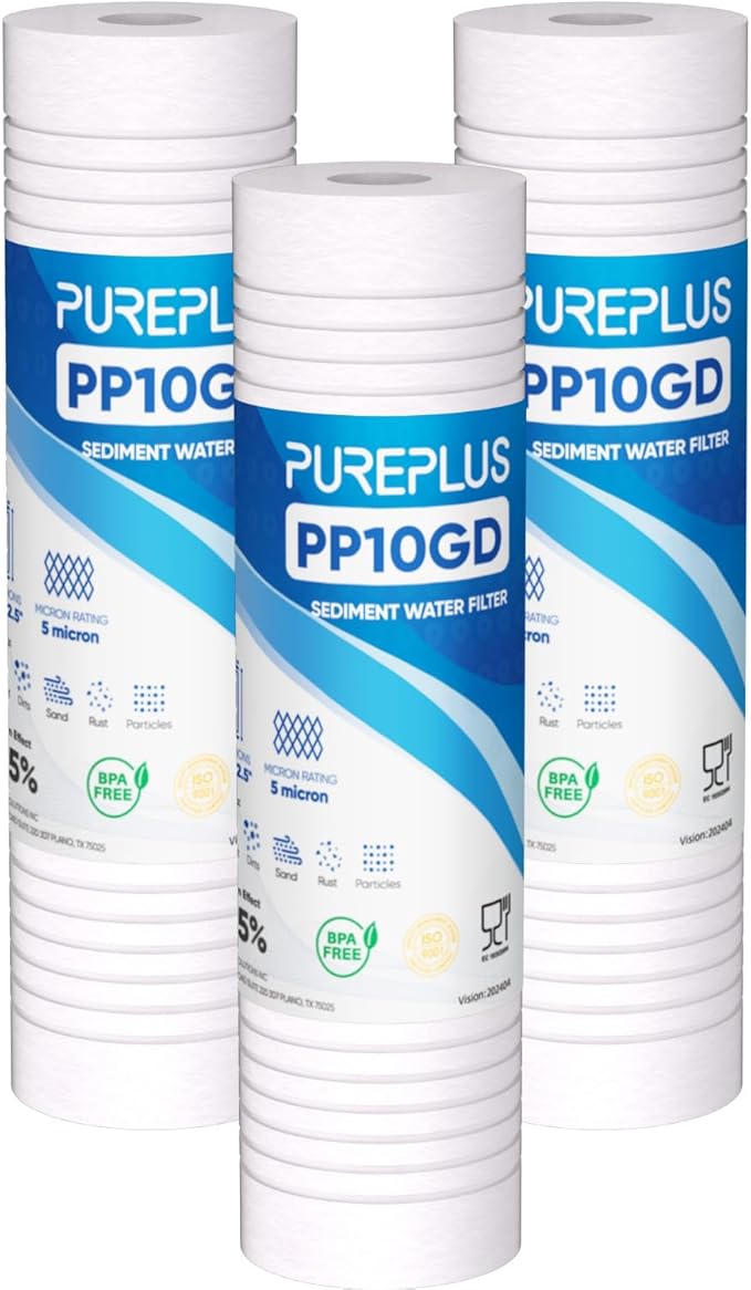 PUREPLUS 5 Micron 10" x 2.5" Whole House Grooved Sediment Home Water Filter, Replacement Cartridge for Any 10 inch RO Unit, AO-WH-PREV-R2, AP110, WHKF-G05, AB-SGR5M, GXWH20S, WFPFC5002, CFS10, 3Pack